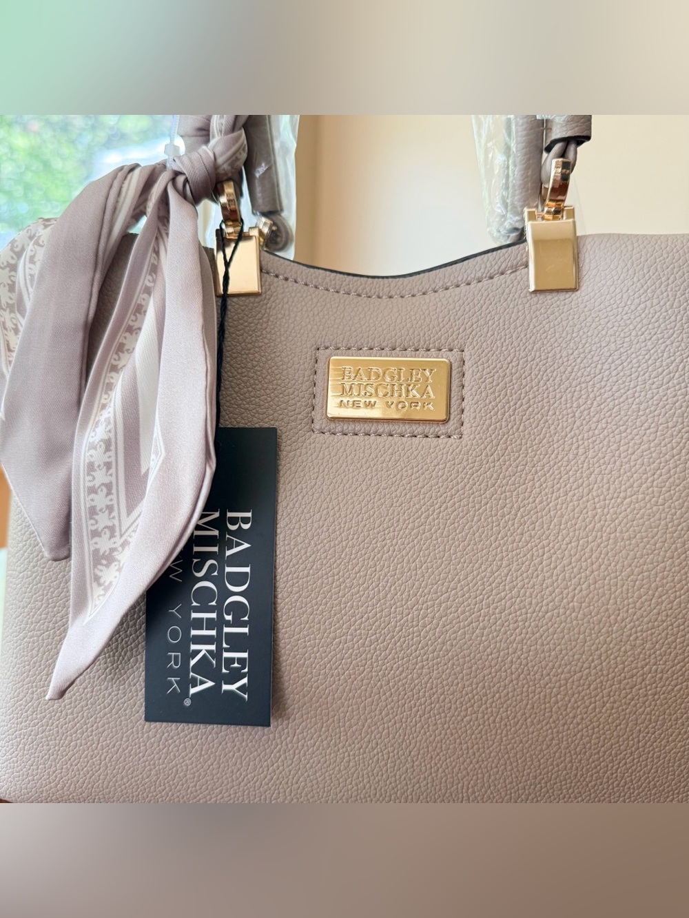 Badgley Mischka Taupe Satchel with Scarf Detail - Picture 3 of 10